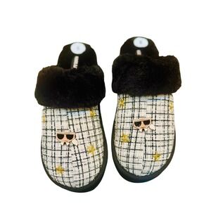 Karl‎ Lagerfeld Slippers Size 9 Black White Plaid Stars Faux Fur Platform Slides